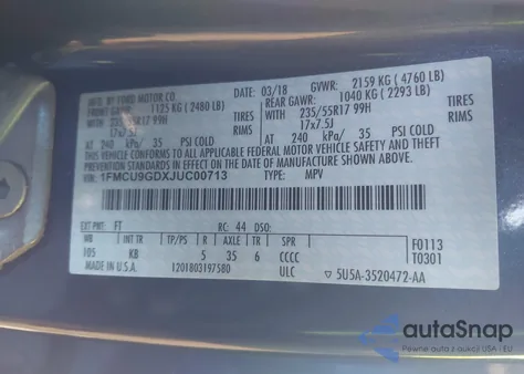 2018 Ford Escape Se from USA, damaged, VIN 1FMCU9GDXJUC00713